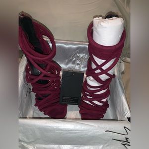 Neiman Murcuz burgundy suede strappy high heels designed by Giuseppe Zanotti